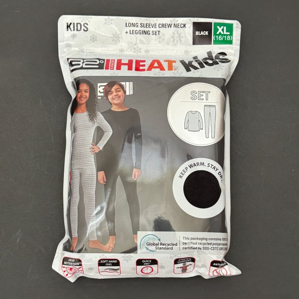 32 Degrees Kids' Black Heat Set - XL (16/18) NWT